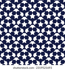 Vector seamless sport pattern of blue soccer ball with white five-pointed stars.