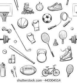 Vector seamless sport pattern. Hand drawings on a white background