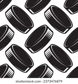 Vector seamless sport pattern of ice hockey pucks icons on white background.