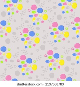 Vector seamless spotted pattern with colorful drops on light beige background. Cute childish ornament.
