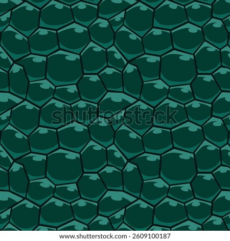 Vector seamless spotted pattern. Green spots of various shapes on a black background. Stamp texture. leather, hide, reptile, crocodile