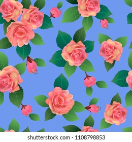Vector seamless spring background with roses pink flowers with green and yellow leaves