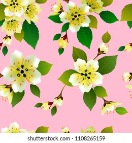 Vector seamless spring background with white and pink flowers with green and yellow leaves