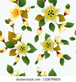 Vector seamless spring background with white and pink flowers with green and yellow leaves