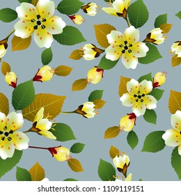 Vector seamless spring background with white and pink flowers with green and yellow leaves