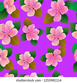 Vector seamless spring background with white and pink flowers with green and yellow leaves