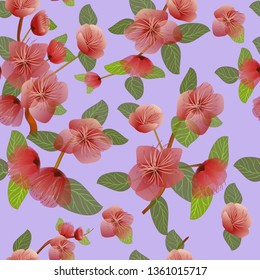 Vector seamless spring background with white and pink flowers with green and yellow leaves