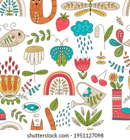 Vector Seamless Spring Bright Pattern.  Funny Summer Outdoor Doodles.
