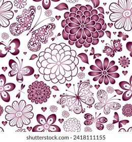 Vector seamless spring dusty rose gradient pattern with hearts and flowers and butterflies on transparent background 