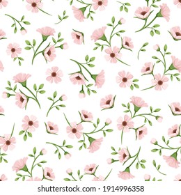 Vector seamless spring floral pattern with small pink flowers on a white background.