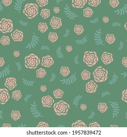 Vector seamless spring floral pattern with small pink flowers on a green background.