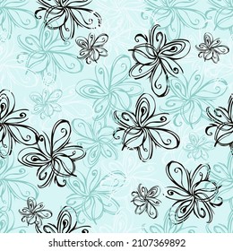 Vector seamless spring floral pattern flowers on a very light shade of cyan background.