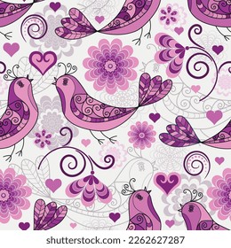 Vector seamless spring floral pattern with rose hearts, vintage curls and flowers and birds