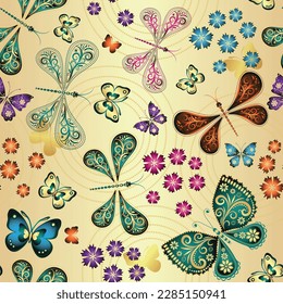 Vector seamless spring golden floral pattern with openwork butterflies and dragonflies