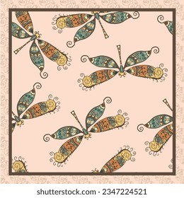 Vector seamless spring golden floral pattern and dragonflies
