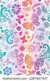 Vector seamless spring gradient white pattern with openwork butterflies and flowers 