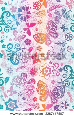 Vector seamless spring gradient white pattern with openwork butterflies and flowers 