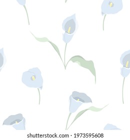 Vector seamless spring pattern. Beautiful light blue calla lilies with light green leaves on white background