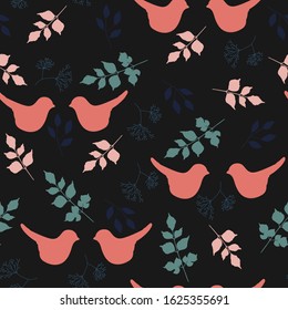 Vector seamless spring pattern with birds silhouette and herbs. Easter pattern. Cartoon illustration.