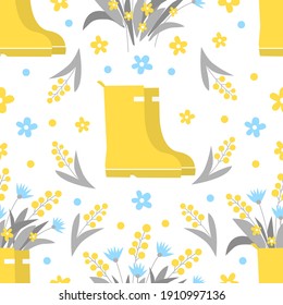 Vector seamless spring pattern with flowers, bouquets and rubber yellow boots. Bright background for postcards, paper wrappers and other items.