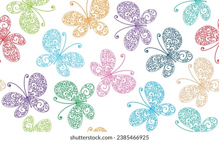 Vector seamless spring pattern with hand-drawn colorful openwork stylized butterflies on a transparent background	
