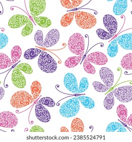 Vector seamless spring pattern with hand-drawn colorful butterflies on a transparent background