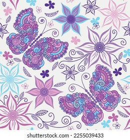 Vector seamless spring pattern with lace colorful  pastel butterflies on a white background.