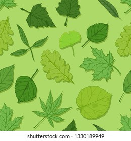 Vector Seamless Spring Pattern with Leaves on Green Background