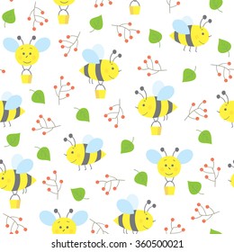 vector seamless spring pattern with leaves, bees and berries
