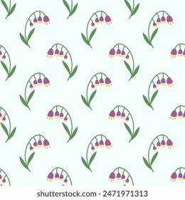 Vector seamless spring pattern of lilies of the valley on a light green background. Vector flat illustration.