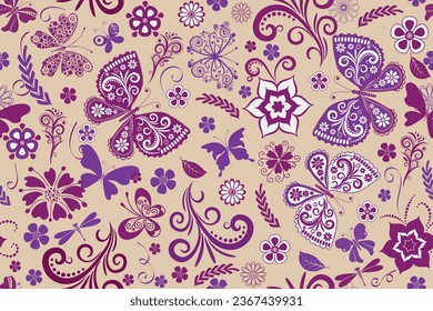 Vector seamless spring pattern with openwork butterflies and flowers 