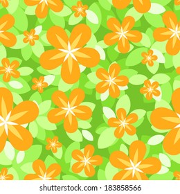 Vector seamless spring pattern with orange blossom on green leaves