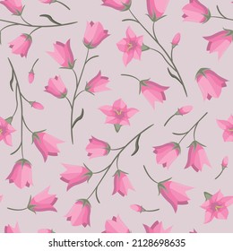 Vector seamless spring pattern with pink bluebell flowers on pastel pink background; perfect for invitations, postcards, banners and other design.