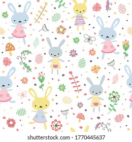 Vector seamless spring pattern with rabbits and plants. Natural background.  Cartoon bunnies