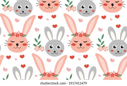 Vector seamless spring pattern with rabbits and plants. Easter pattern. cartoon bunnies
