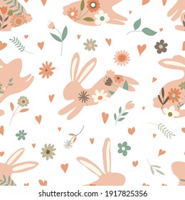 Vector seamless spring pattern with rabbits and plants. Easter pattern. cartoon bunnies