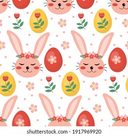 Vector seamless spring pattern with rabbits and plants. Easter pattern. cartoon bunnies