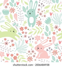 Vector seamless spring pattern with rabbits and plants. Easter pattern. cartoon bunnies
