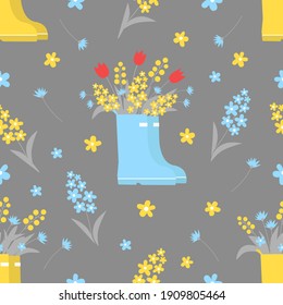 Vector seamless spring pattern with rubber boots, flowers, bouquets. Bright color background for the cards, paper wrapper and other objects.