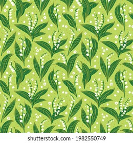 Vector seamless spring pattern of stylized lilies of the valley on a light green background