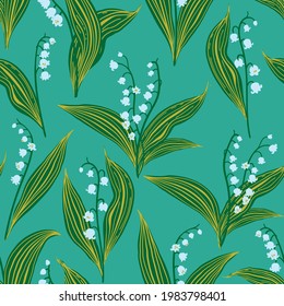 Vector seamless spring pattern of stylized lilies of the valley on a turquoise background