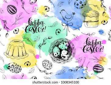 Vector seamless spring pattern. Vintage background with engraving elements: eggs, willow, nest and cake. Hand drawn sketch. Handwritten inscription Happy Easter. Brush lettering. Watercolor.
