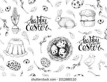 Vector seamless spring pattern. Vintage black and white background with engraving elements: eggs, willow, nest, bunny and cake. Hand drawn sketch. Handwritten inscription Happy Easter. Brush lettering