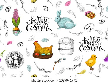 Vector seamless spring pattern. Vintage background with engraving elements: eggs, willow, nest, bunny and cake. Hand drawn sketch. Handwritten inscription Happy Easter. Brush lettering.