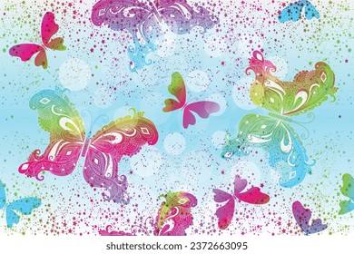Vector seamless spring pattern with vintage colorful butterflies and stars