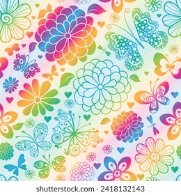Vector seamless spring rainbow gradient diagonal pattern with hearts and flowers and butterflies on transparent background 
