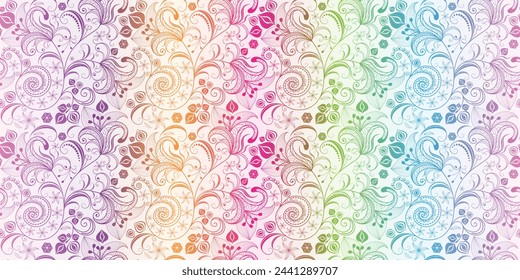Vector seamless spring rainbow gradient floral pattern with flowers on white background