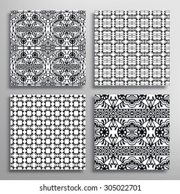 Vector seamless square patterns set with hand drawn texture for Cards or Invitations. Fabric or paper print, fashion illustration. Black and white abstract geometric background.