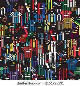 Vector seamless square sport pattern, texture of colorful striped or full soccer team jerseys with black background. Football sportswear wallpaper.