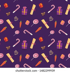 Vector Seamless St Nicholas Tagesmuster mit süßen farbigen Pollen und traditionellen Elementen: Schuhe, Bonbons, Karotten. 